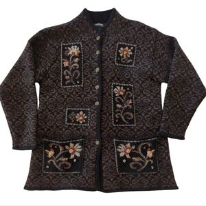 Icelandic Designs Wool Floral Embroidered Lined Sweater Jacket Large Black Brown